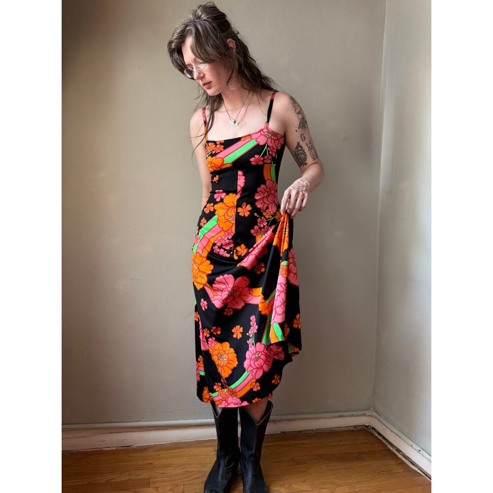 Vintage 60s Floral Maxi Dress | Mod Psychedelic Black Pink Orange Sundress | S - Picture 2 of 10